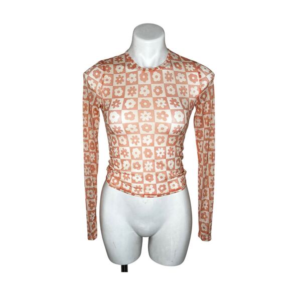 Altar'd State Tops - ALTAR’D STATE Sheer Longsleeve Checked Floral Top Orange Size Small